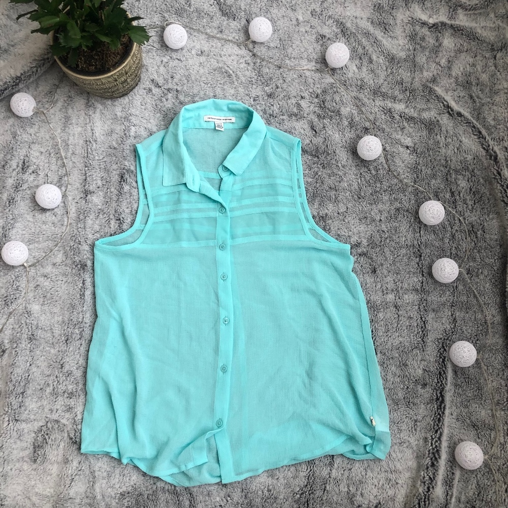 American Eagle Turquoise Sheer Button-Up Tank